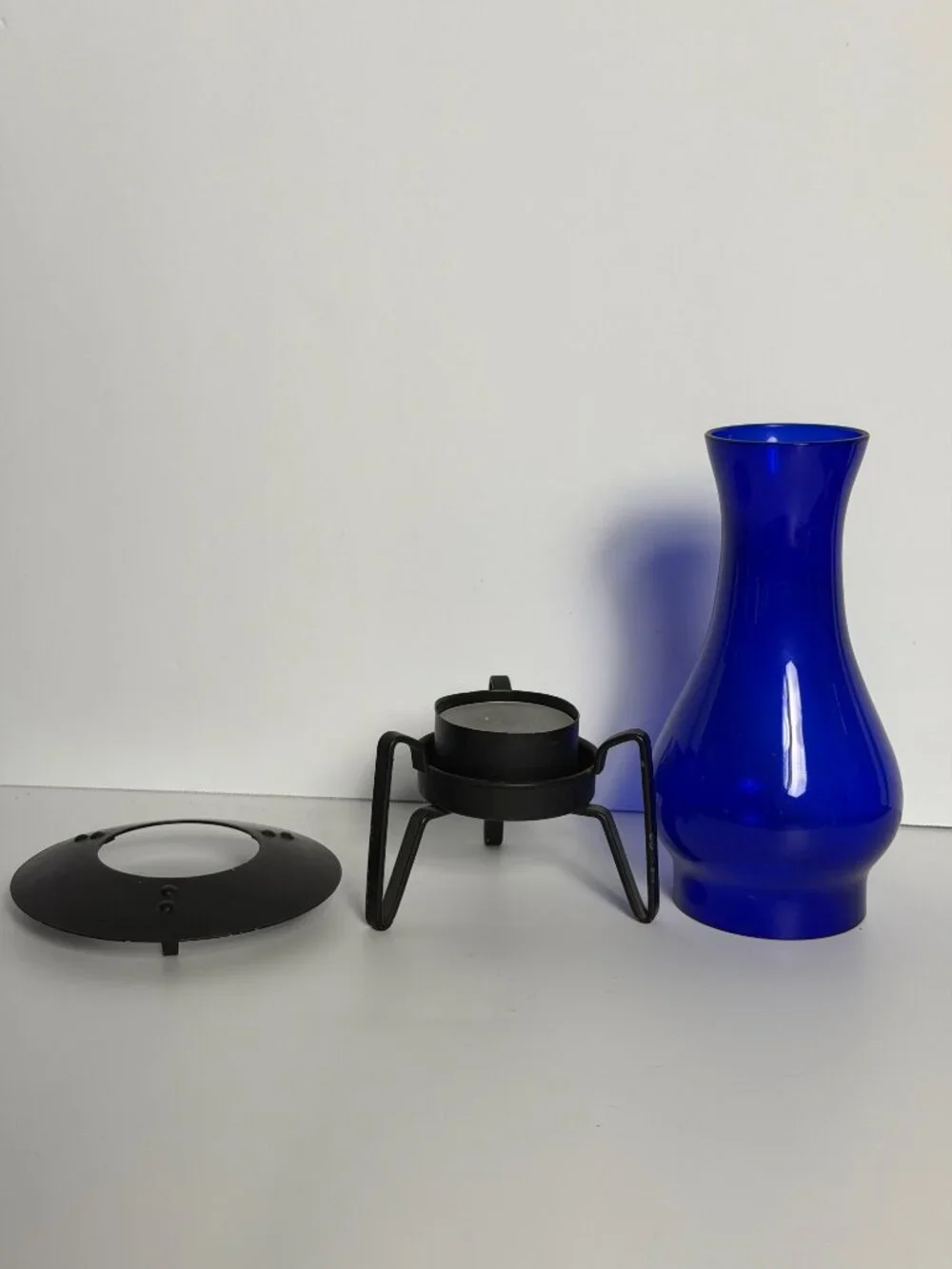 Vintage Cobalt Blue Glass Candle Holder Lantern Black Votive Metal MCM Modernist